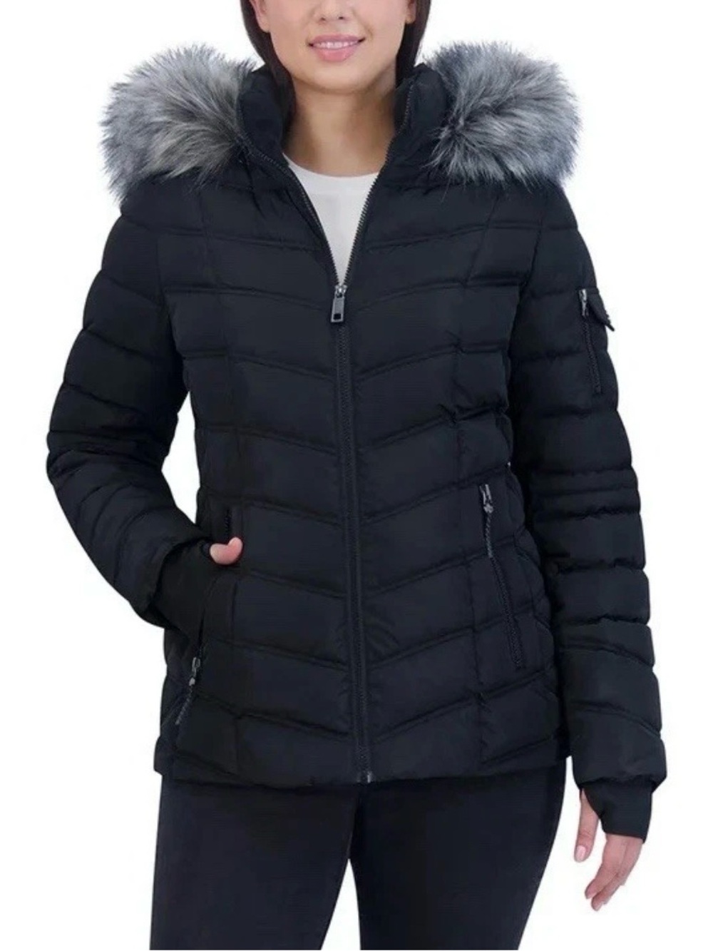Nautica Black Puffer Jacket with Gray Faux Fur Hood